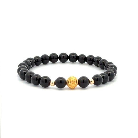 18K Gold Money Ball Lucky Charm Beads Bracelet Gemstones Black Onyx 6mm - Picture 1 of 9